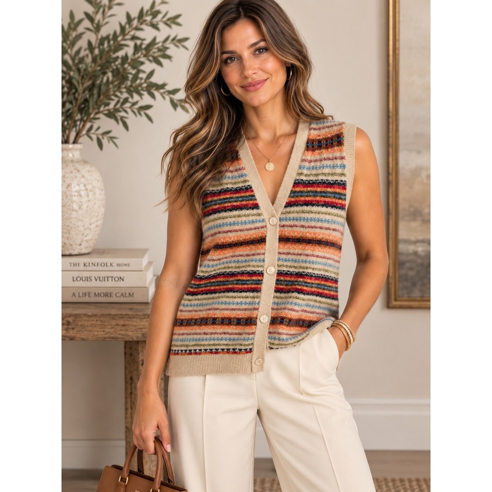 Old Navy SoSoft Fair Isle Sweater Vest Tan Orange Blue VNeck Button Front Medium